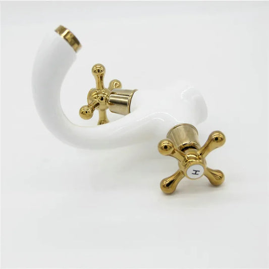 Luxury White & Gold Double Handle Bathroom Basin Faucet – Brass