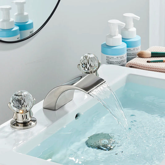 Luxury Golden Waterfall Widespread Bathroom Faucet with Crystal Handles