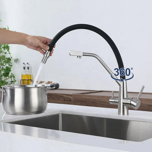 Modern Brass Kitchen Faucet with Pull-Out Filtered Water – Hot & Cold