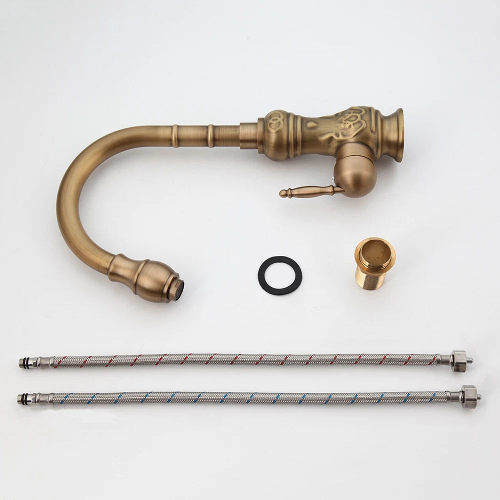 Antique Brass Kitchen Sink Faucet with Pull-Down Sprayer – Hot & Cold, Single Handle