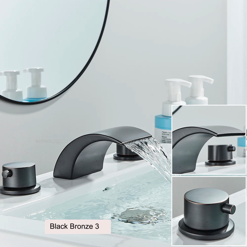 Luxury Golden Waterfall Widespread Bathroom Faucet with Crystal Handles