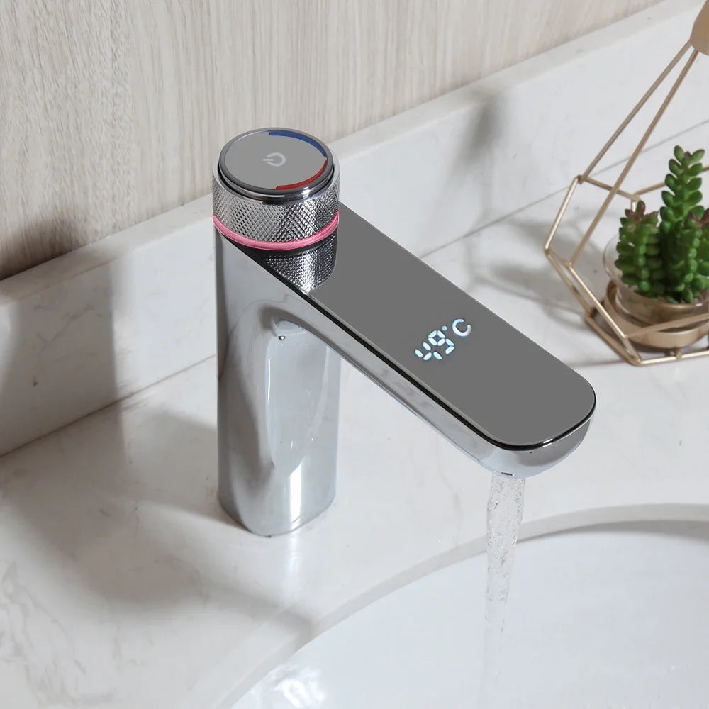OUBONI Black Digital Display Basin Faucet – Hot & Cold Mixer, Modern Chrome Design