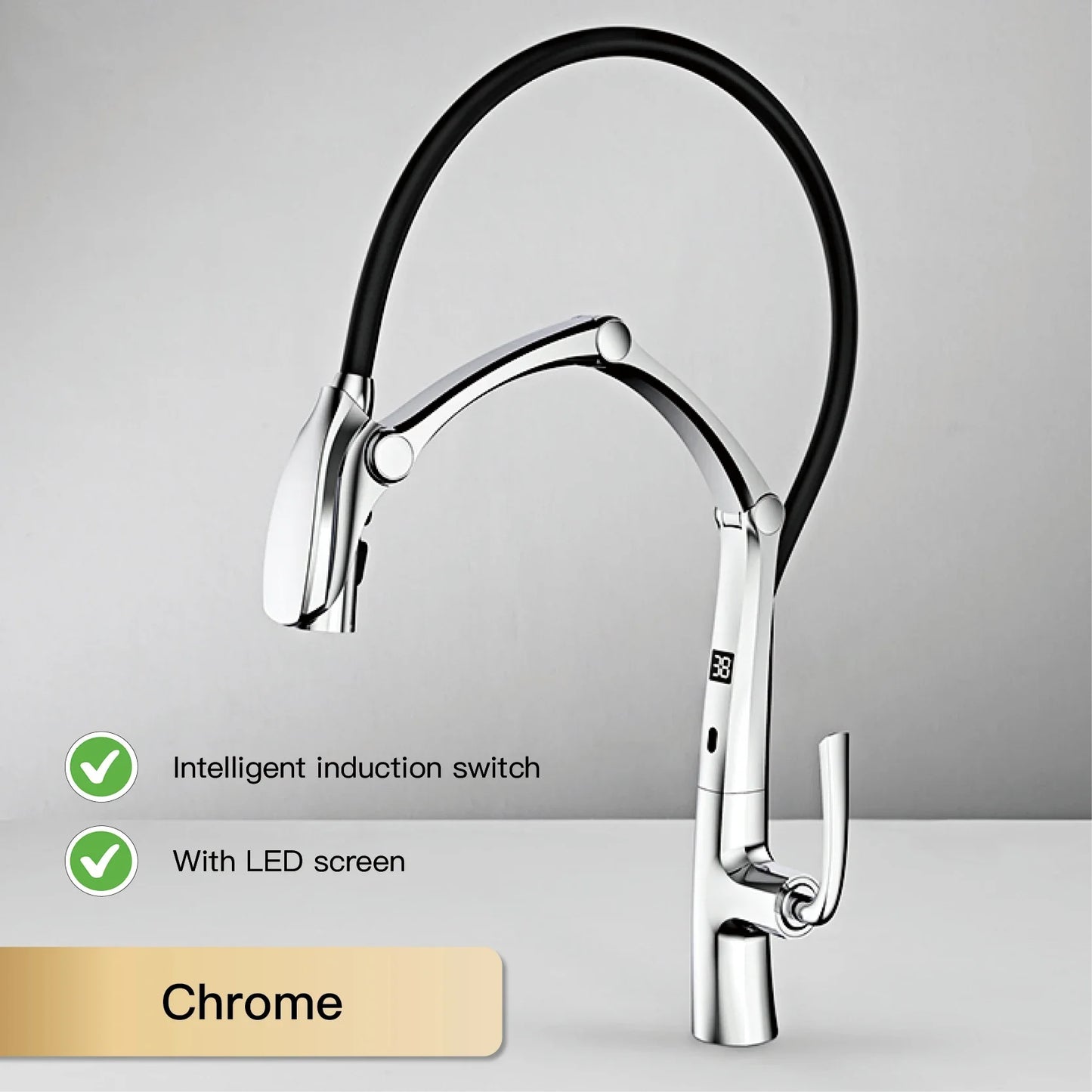 Luxury Gun Gray Brass Kitchen Faucet – Digital Touchless Pull-Out Mixer