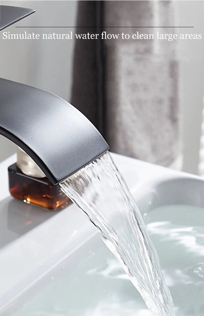 Faucet with water flowing into a sink, simulating natural water flow for cleaning.