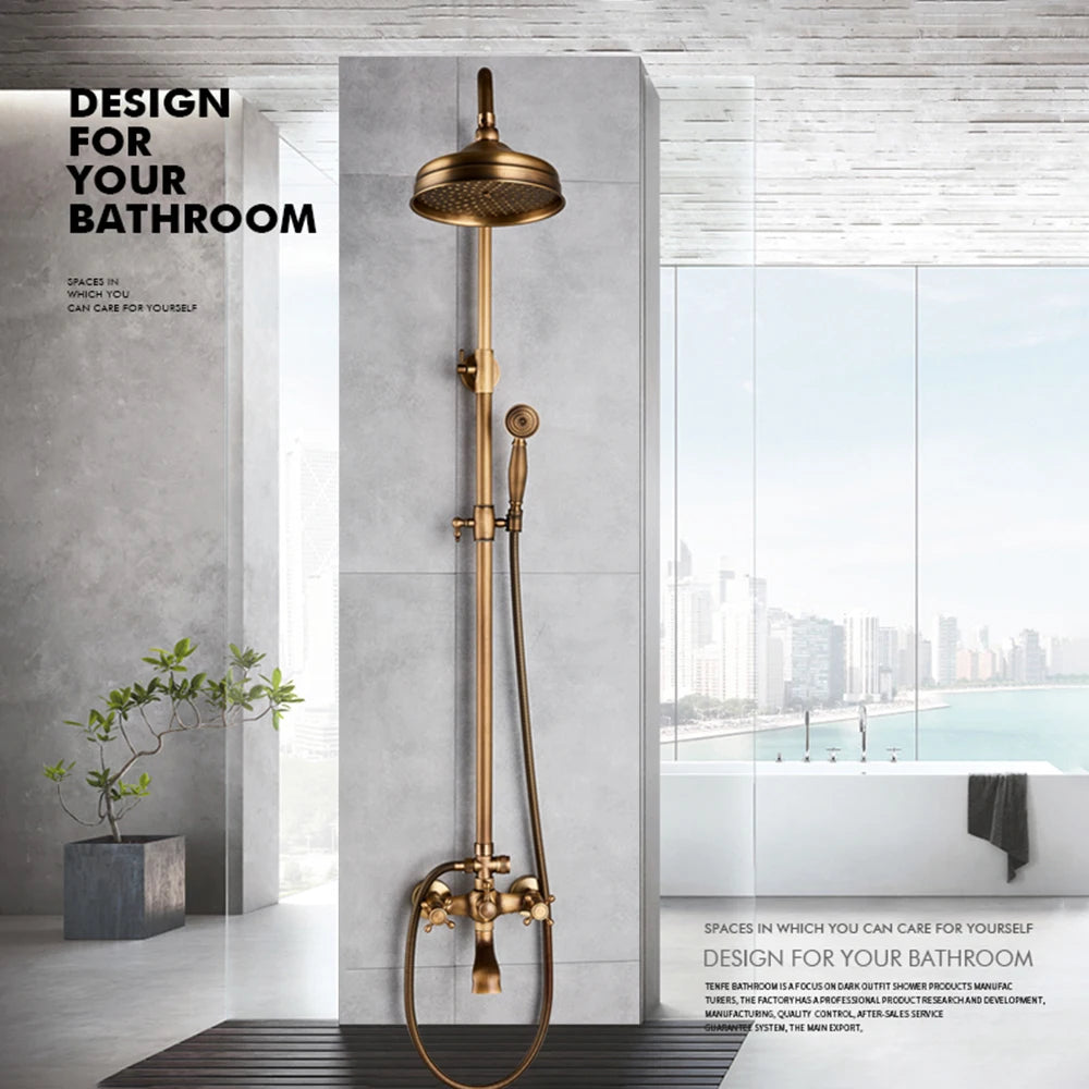 Antique Brass Rainfall Shower System Wall Mounted Mixer Set