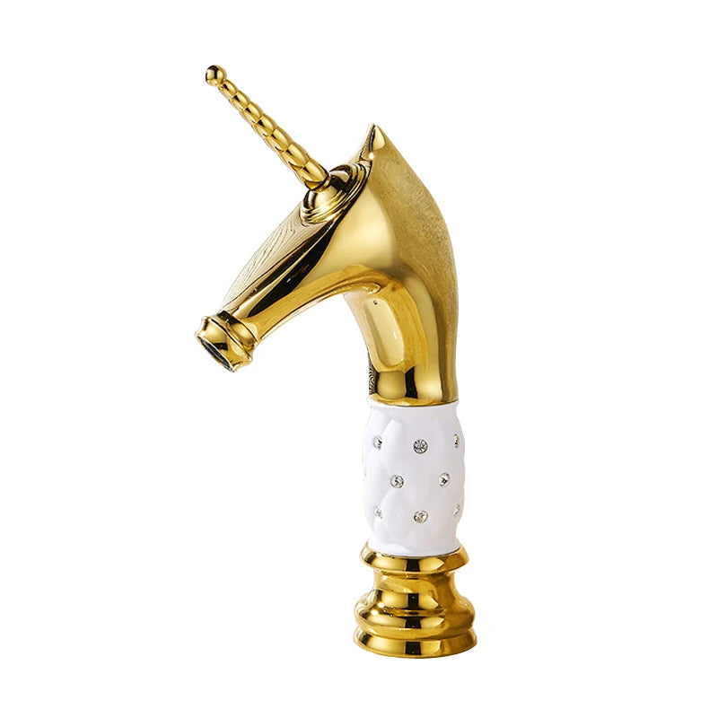 Horse Head Brass Bathroom Faucet – Gold Animal Design, Hot & Cold Mixer