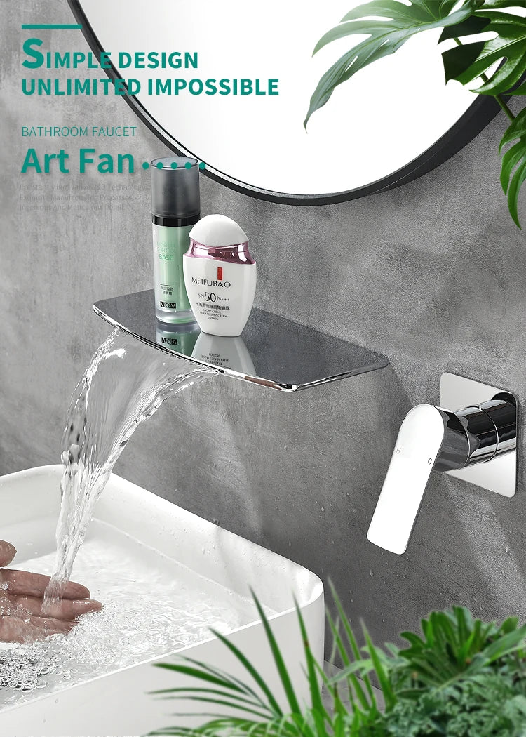 Bathroom faucet with running water, sink, and toiletries on a gray wall background.