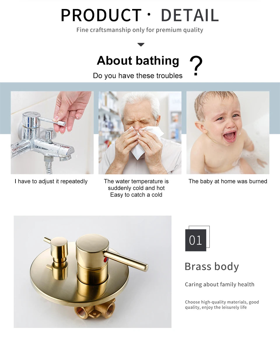 Black & Gold Brass 2-Way Concealed Shower Valve Mixer