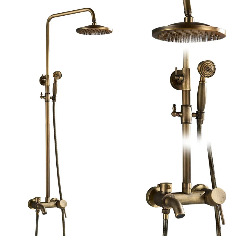 Antique Brass Rainfall Shower System Wall Mounted Mixer Set