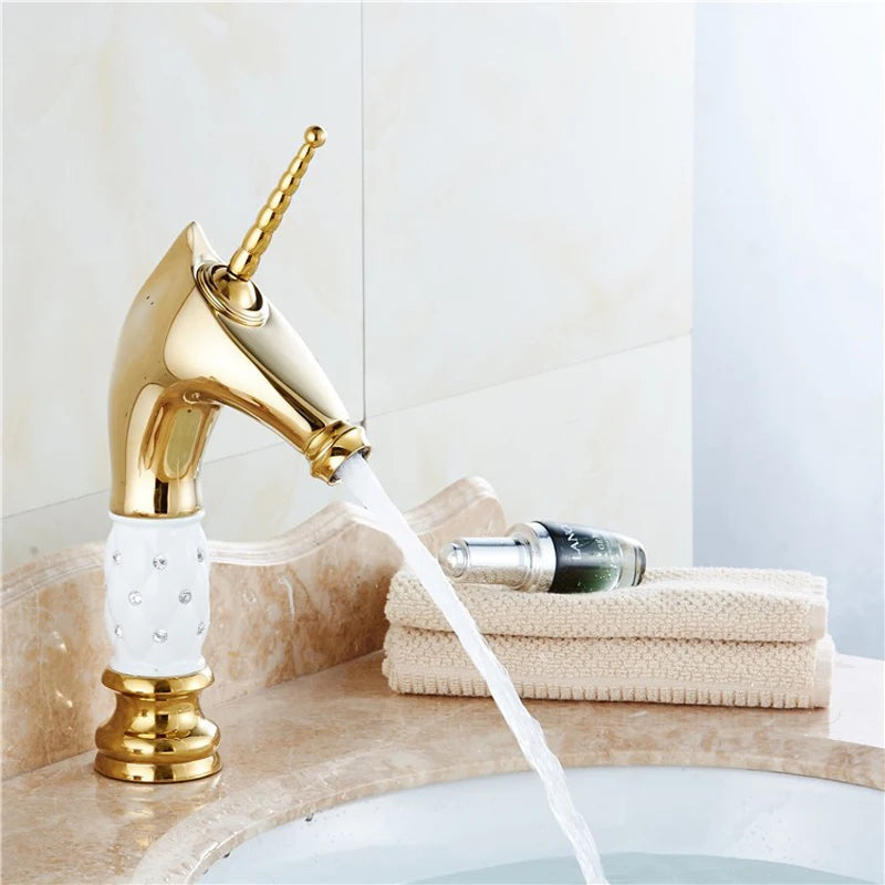 Horse Head Brass Bathroom Faucet – Gold Animal Design, Hot & Cold Mixer