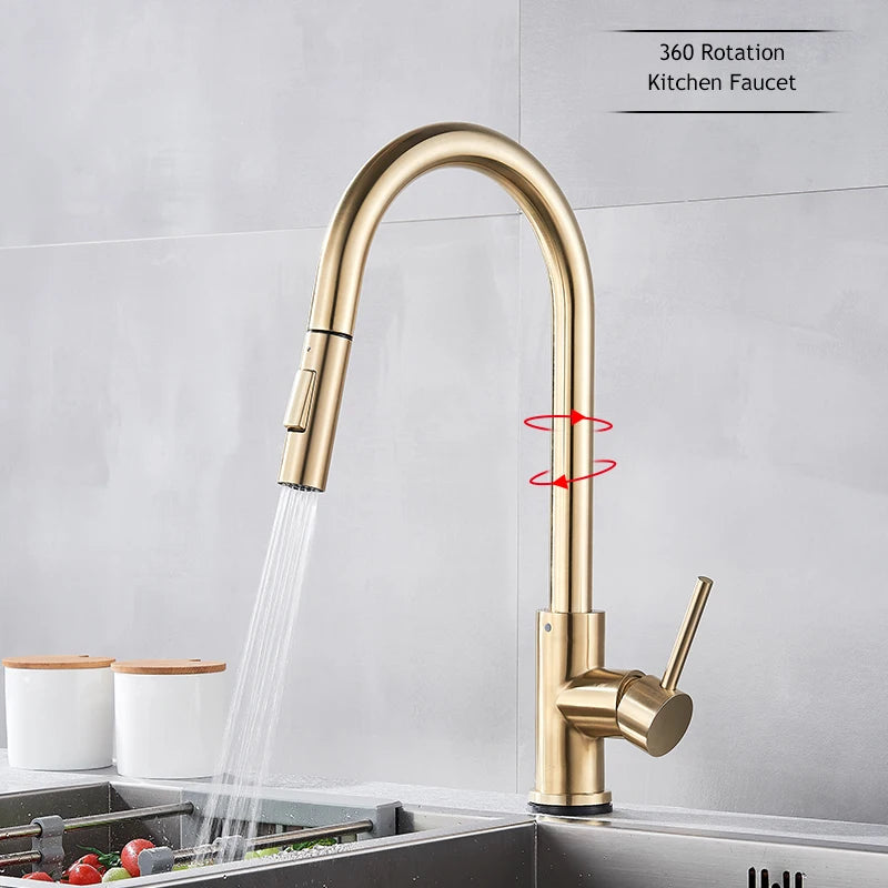 Brushed Gold Touch Sensor Kitchen Faucet 360°
