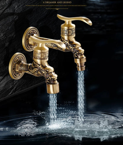 Decorative gold faucet with water flowing on a dark background