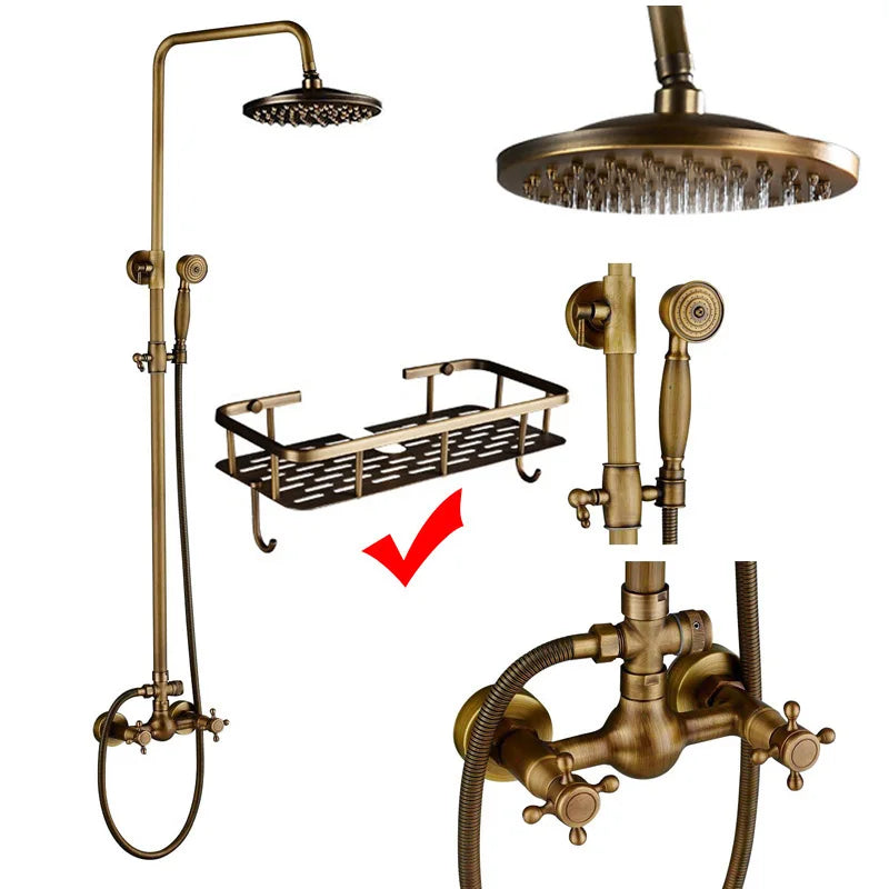 Antique Brass Rainfall Shower System Wall Mounted Mixer Set