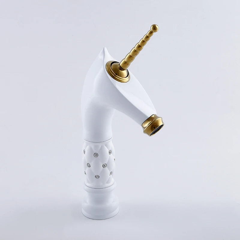 Horse Head Brass Bathroom Faucet – Gold Animal Design, Hot & Cold Mixer