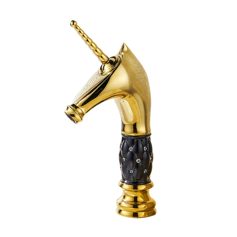 Horse Head Brass Bathroom Faucet – Gold Animal Design, Hot & Cold Mixer