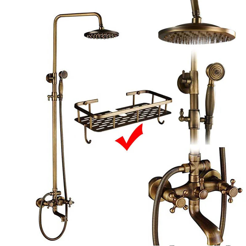Antique Brass Rainfall Shower System Wall Mounted Mixer Set
