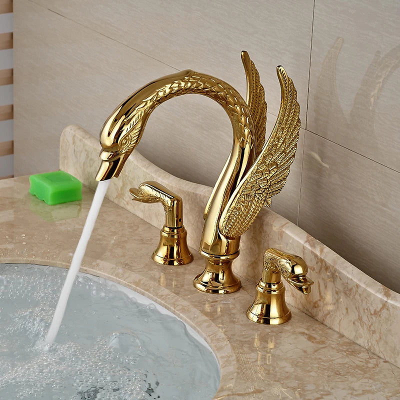 Bathroom Basin Faucet Deck Mounted Dual Handle Hot and Cold Water Mixer Sink Tap Golden Swan Basin Crane Faucet