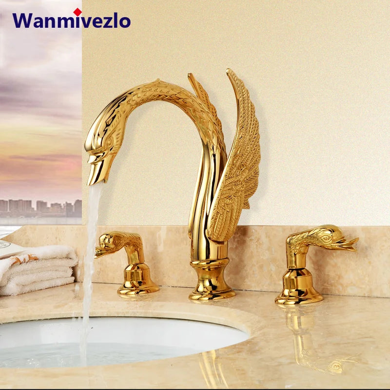 Bathroom Basin Faucet Deck Mounted Dual Handle Hot and Cold Water Mixer Sink Tap Golden Swan Basin Crane Faucet