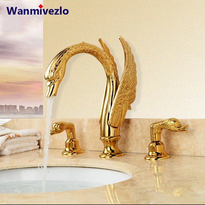 Bathroom Basin Faucet Deck Mounted Dual Handle Hot and Cold Water Mixer Sink Tap Golden Swan Basin Crane Faucet