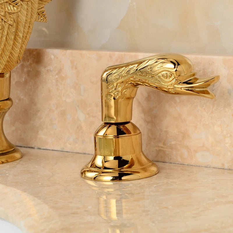 Bathroom Basin Faucet Deck Mounted Dual Handle Hot and Cold Water Mixer Sink Tap Golden Swan Basin Crane Faucet