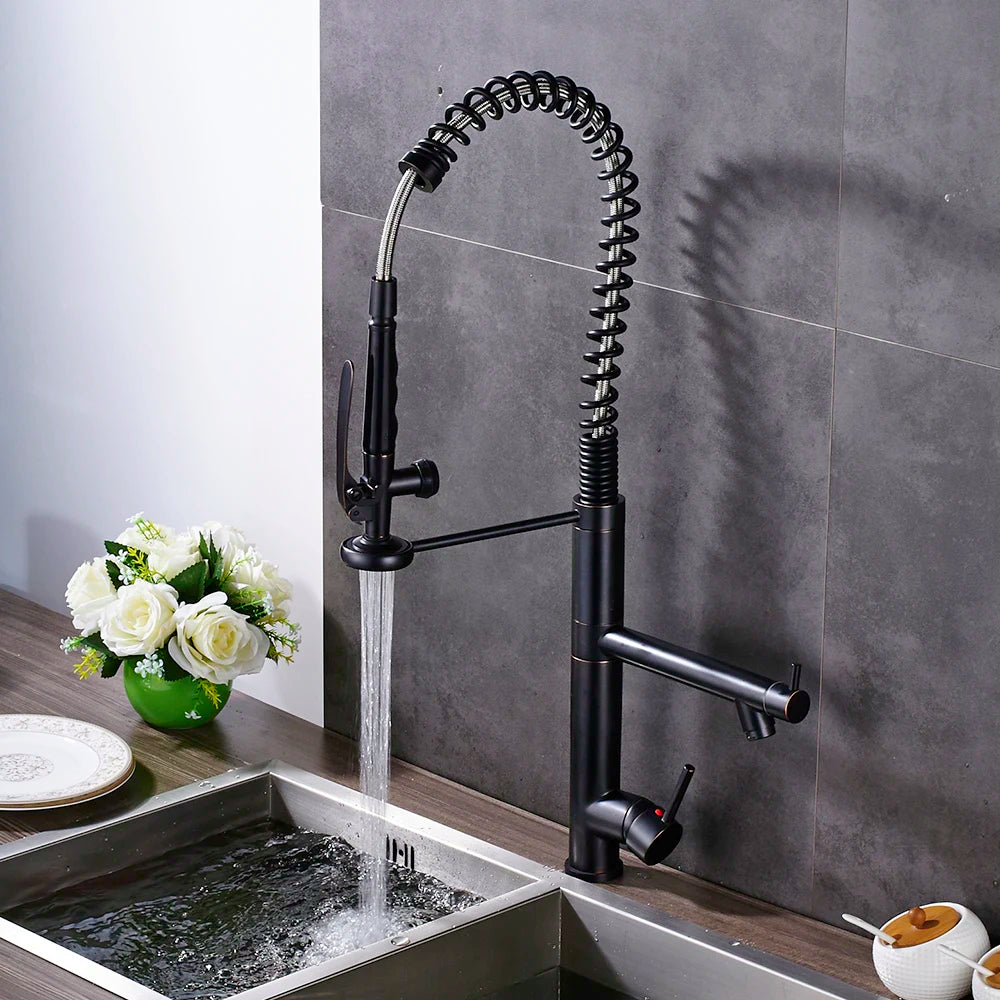 Black kitchen faucet with a sprayer head in a modern kitchen setting.