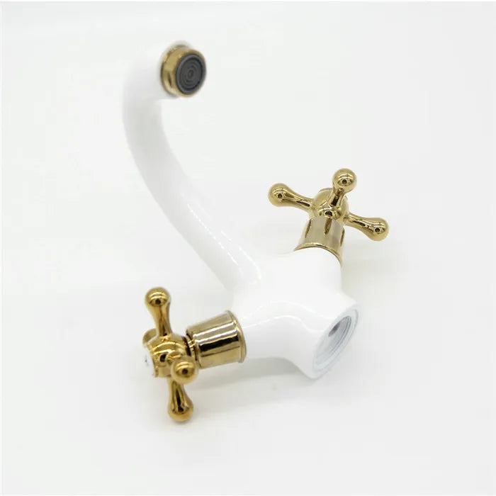 Luxury White & Gold Double Handle Bathroom Basin Faucet – Brass