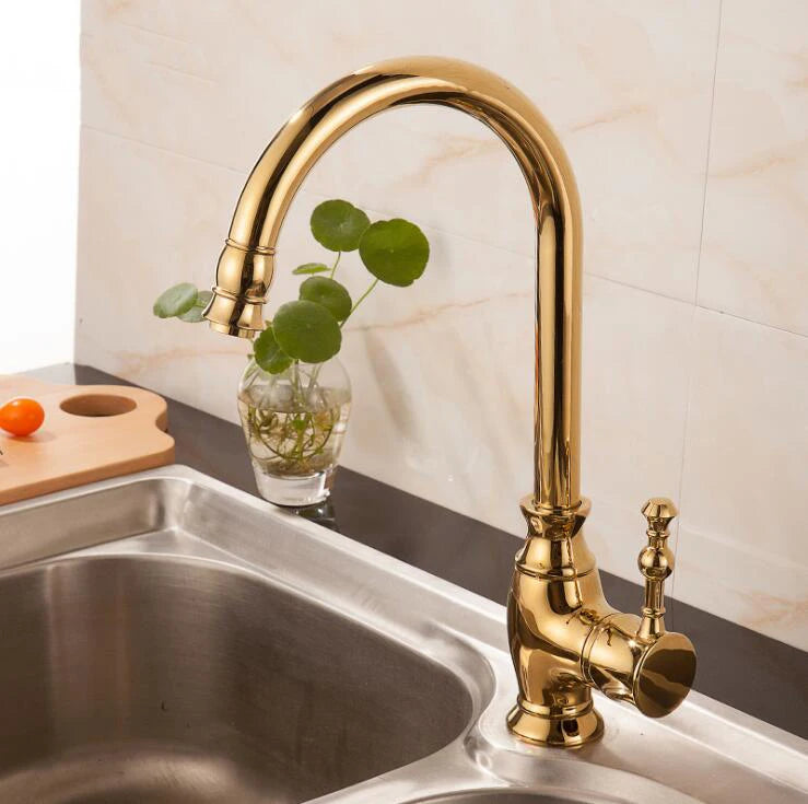 Luxury Gold Brass Kitchen Faucet – Hot & Cold, Single Handle Swivel Spout