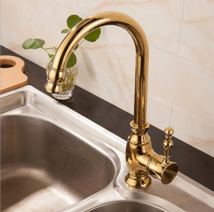 Luxury Gold Brass Kitchen Faucet – Hot & Cold, Single Handle Swivel Spout