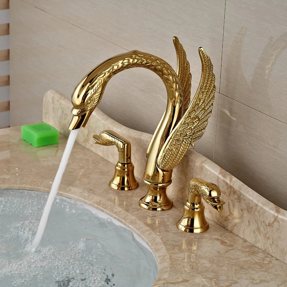 Bathroom Basin Faucet Deck Mounted Dual Handle Hot and Cold Water Mixer Sink Tap Golden Swan Basin Crane Faucet