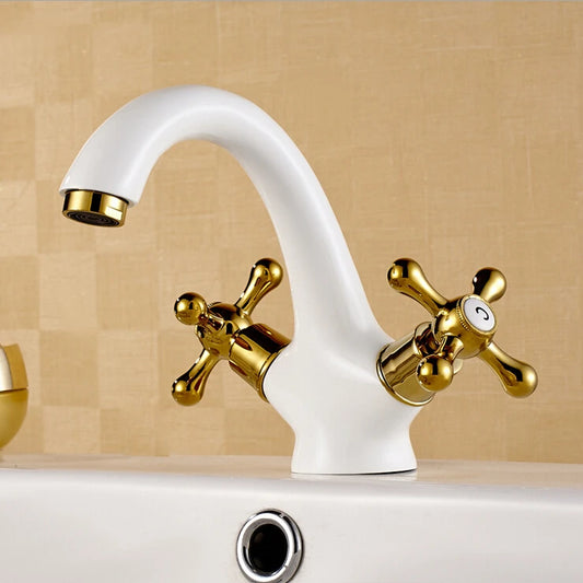 Luxury White & Gold Double Handle Bathroom Basin Faucet – Brass