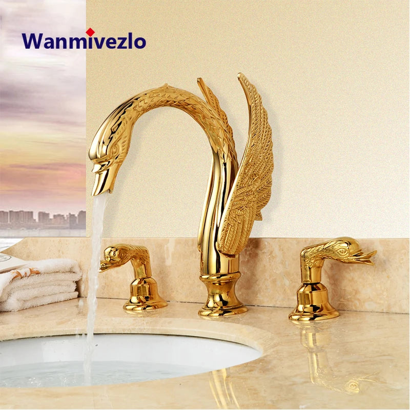 Bathroom Basin Faucet Deck Mounted Dual Handle Hot and Cold Water Mixer Sink Tap Golden Swan Basin Crane Faucet