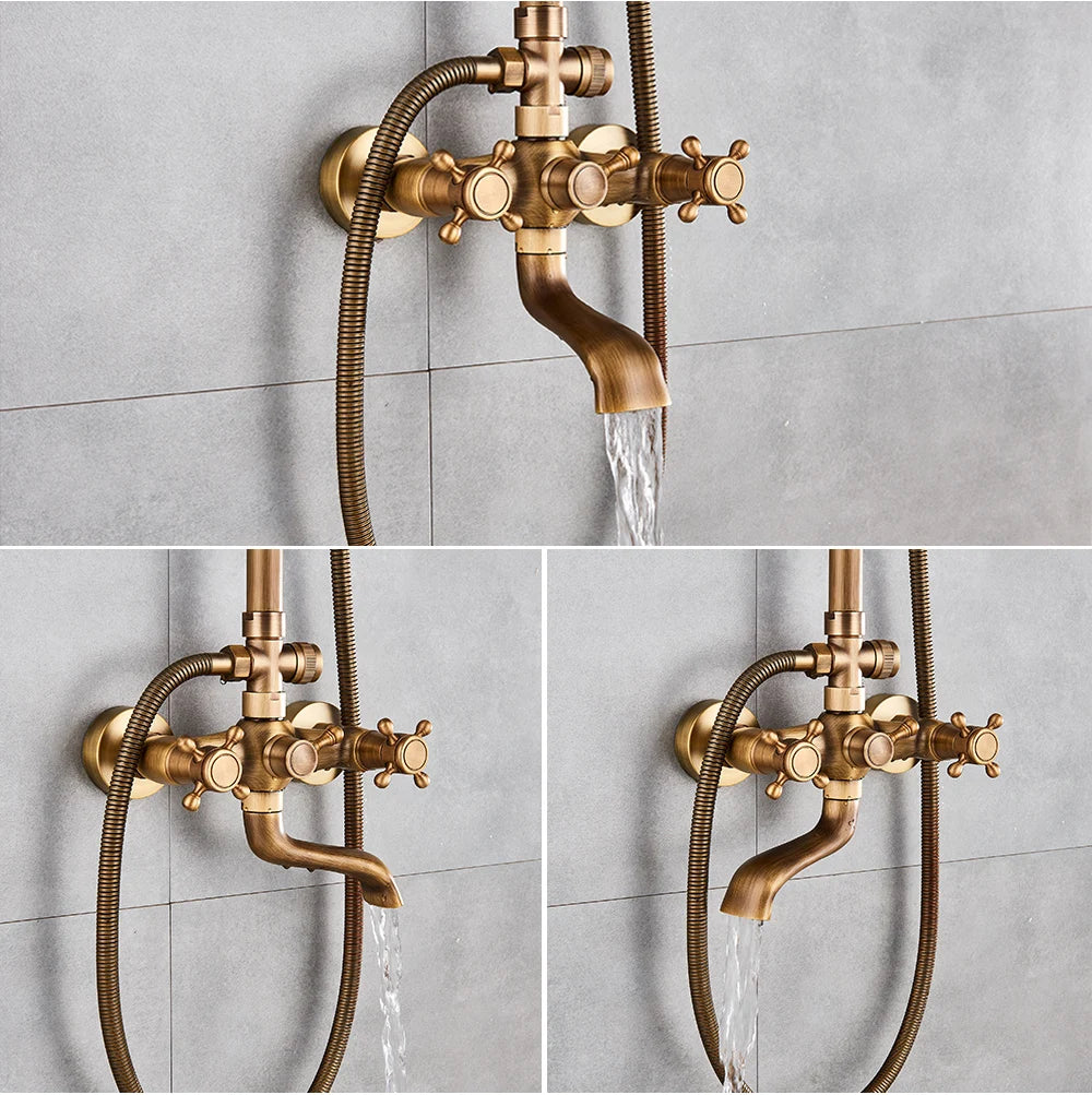 Antique Brass Rainfall Shower System Wall Mounted Mixer Set