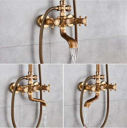 Antique Brass Rainfall Shower System Wall Mounted Mixer Set