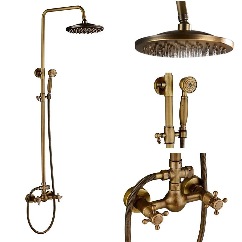 Antique Brass Rainfall Shower System Wall Mounted Mixer Set