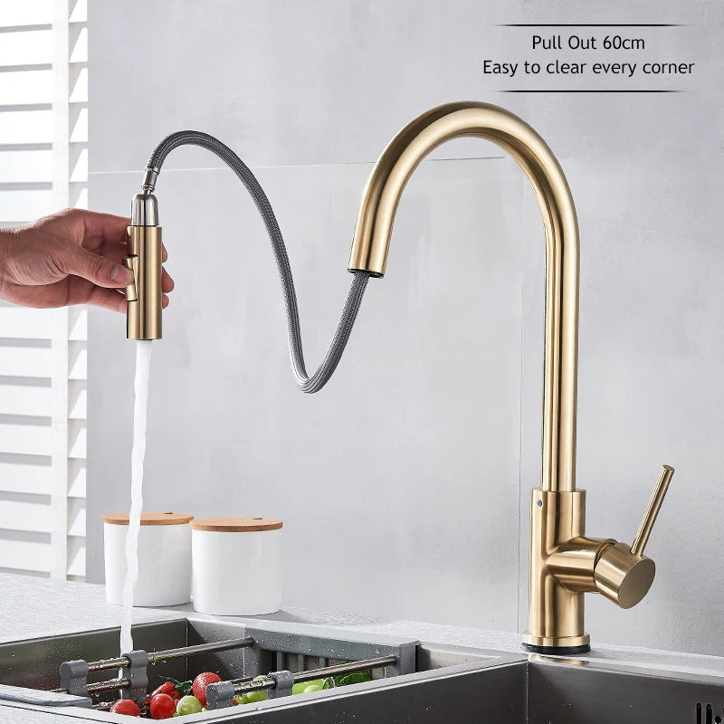 Brushed Gold Touch Sensor Kitchen Faucet 360°