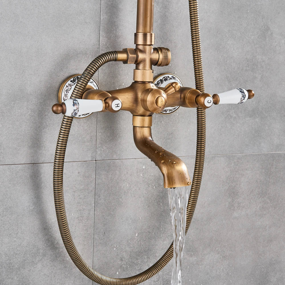 Antique Brass Rainfall Shower System Wall Mounted Mixer Set