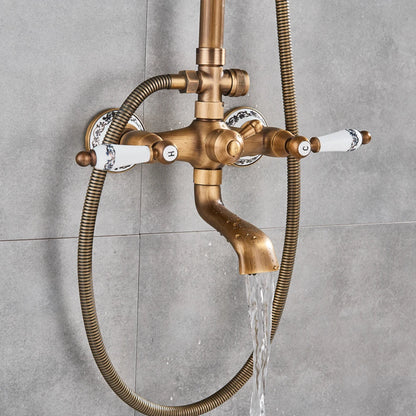 Antique Brass Rainfall Shower System Wall Mounted Mixer Set