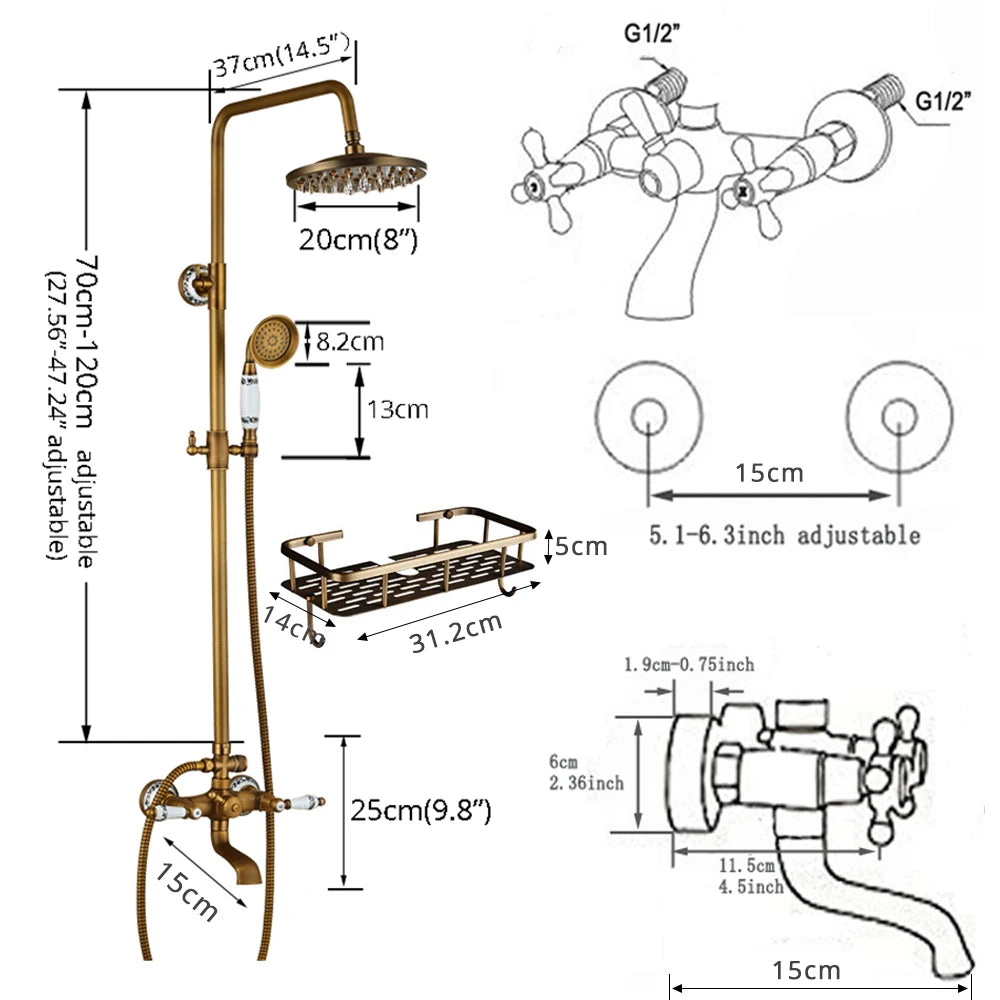 Antique Brass Rainfall Shower System Wall Mounted Mixer Set