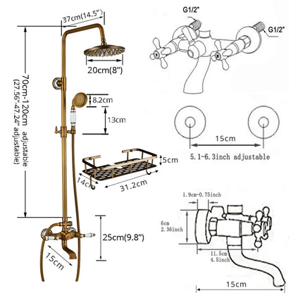 Antique Brass Rainfall Shower System Wall Mounted Mixer Set