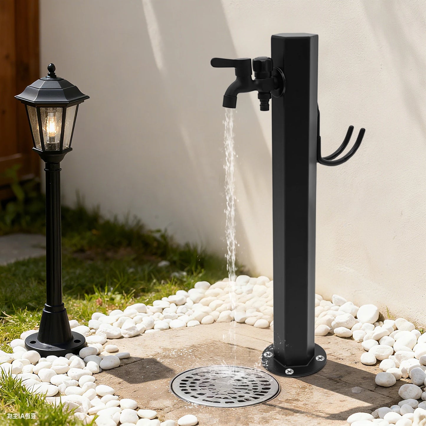 Hexagonal Outdoor Column Faucet 304 Steel Dual Outlet Floor Mount