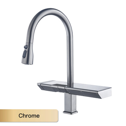 Luxury digital display brass grey kitchen faucet pull-out design waterfall water outlet single handle Cold & Hot 2 control Tap