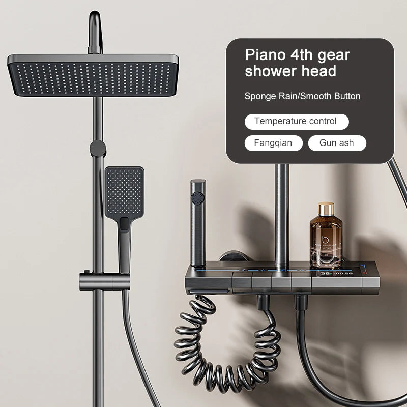 Grey Digital Shower System Set with Rainfall Head & LED Display
