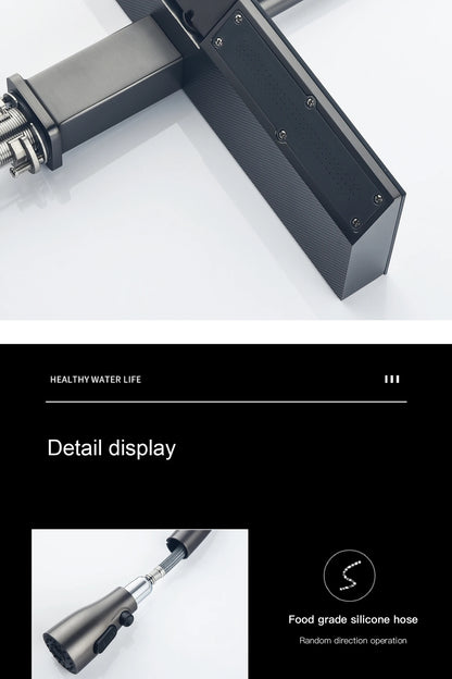 Luxury digital display brass grey kitchen faucet pull-out design waterfall water outlet single handle Cold & Hot 2 control Tap