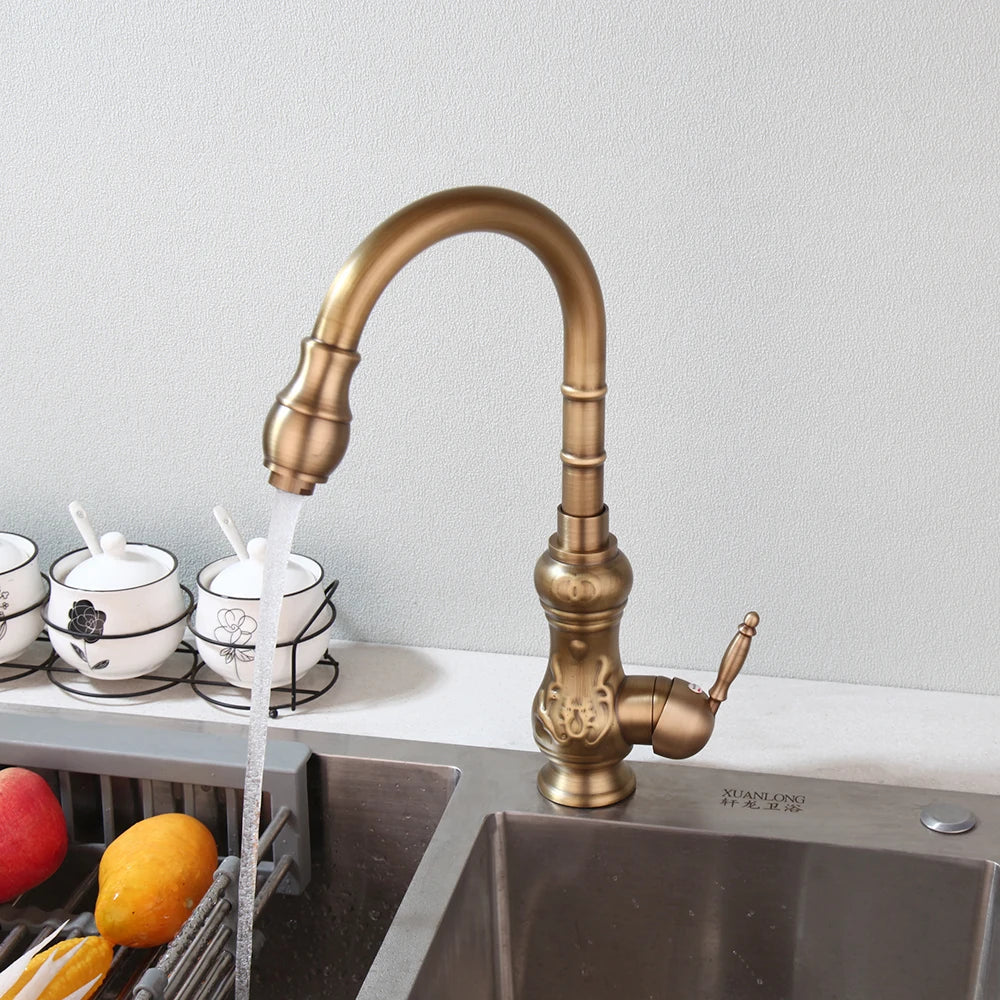 Antique Brass Kitchen Sink Faucet with Pull-Down Sprayer – Hot & Cold, Single Handle