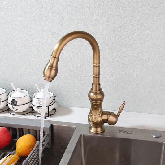Antique Brass Kitchen Sink Faucet with Pull-Down Sprayer – Hot & Cold, Single Handle