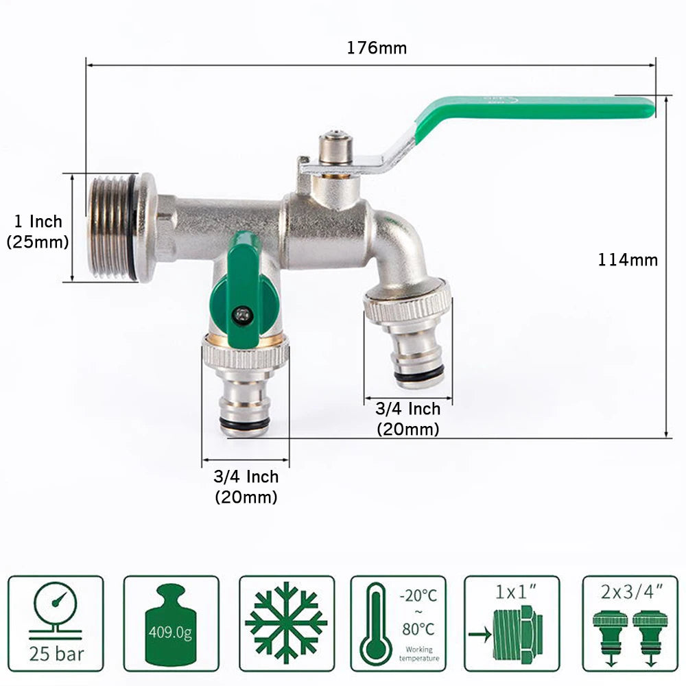 Brass Double Tap Faucet 3/4 Inch Dual Outlet Garden Valve Splitter