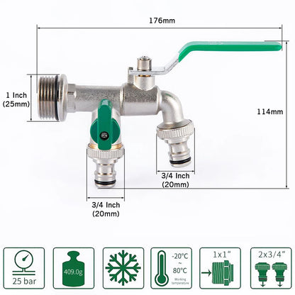 Brass Double Tap Faucet 3/4 Inch Dual Outlet Garden Valve Splitter
