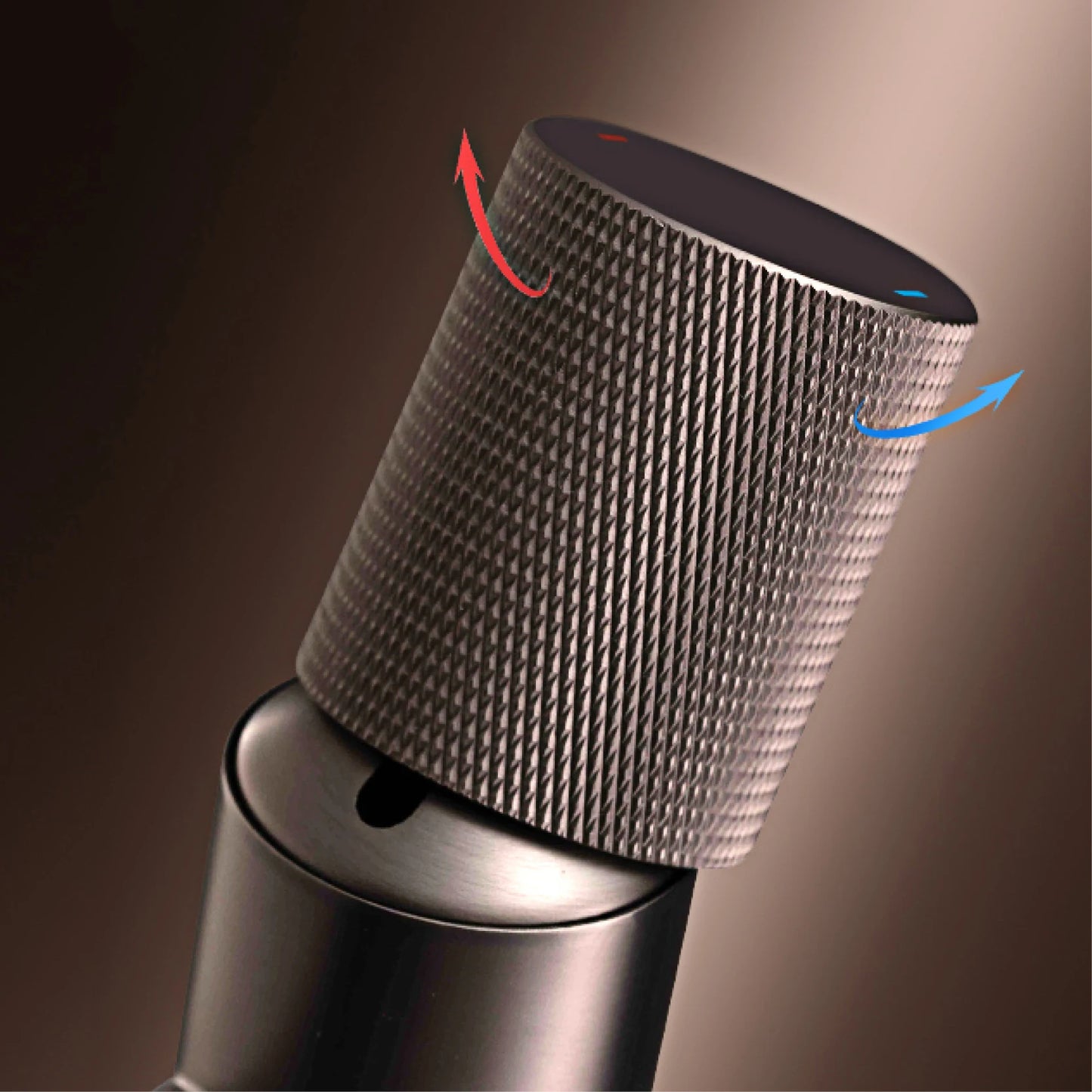 Close-up of a textured speaker grille with colored arrows on a brown background