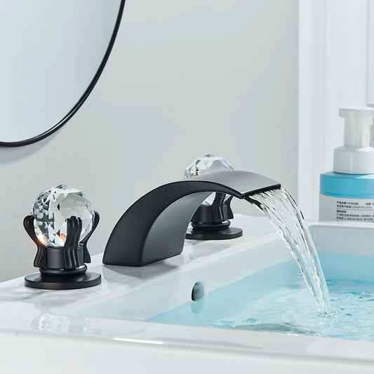 Luxury Golden Waterfall Widespread Bathroom Faucet with Crystal Handles
