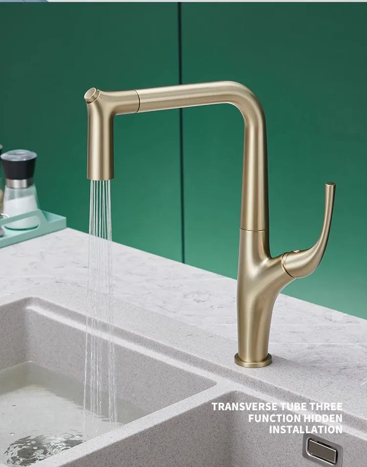 Brushed Gold Pull-Out Kitchen Faucet – Deck Mounted Single Handle